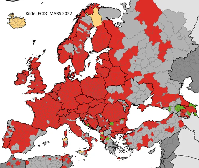 Kartoversikt over flåttutbredelsen i verden, noen steder er mer utbredt enn andre. 